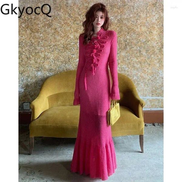 Vestidos casuais gkyocq vestido sexy rabo de peixe outono celebridade francesa rosa slim fit cedap-up manga longa saias de garotas