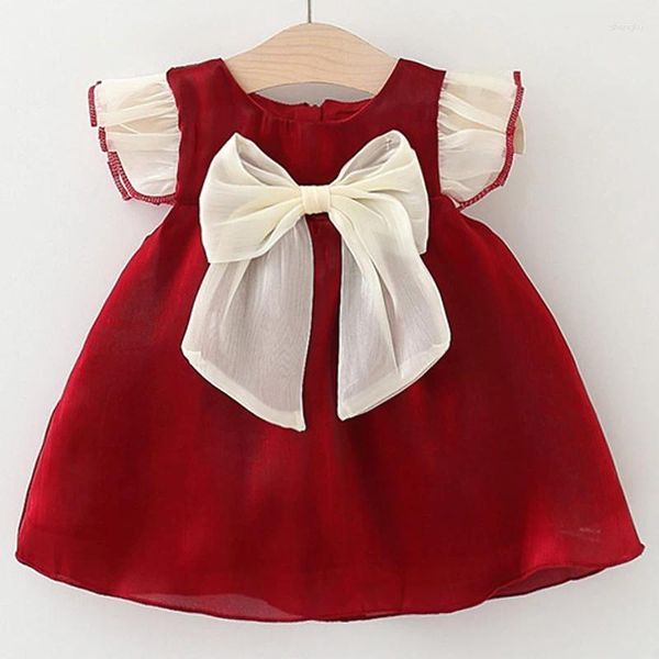 Abito da ragazza vestito di compleanno di lusso estivo per la manica volante con arco simpatico coreano mesh red principessa abiti per bambini bc1509-1