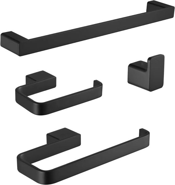 Titulares 4Pieces Brass Matte Black Banheiro Conjunto de hardware Inclui anel de toalha, barra de toalha, suporte de papel higiênico e gancho de túnica