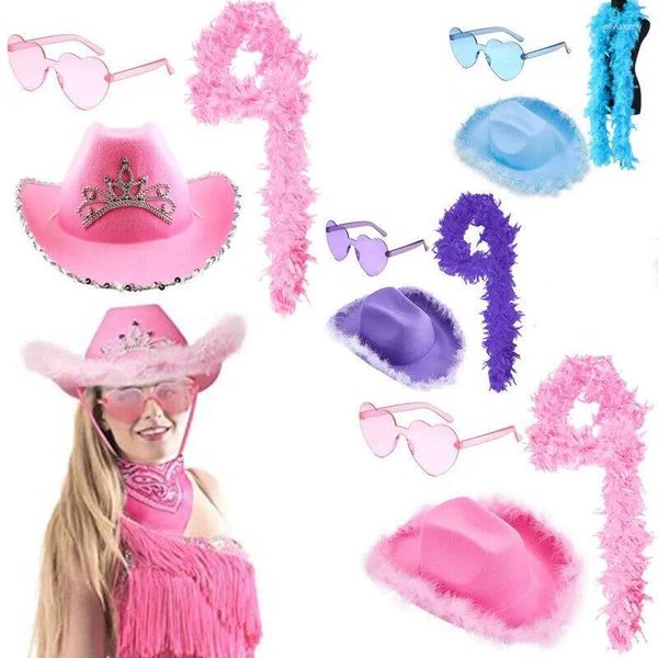 BERETS 3PCS Pink Western Cowgirl Hat occhiali Set di piume per donne in costume di Halloween gioco Tiara Felice Abbigliamento DECIT