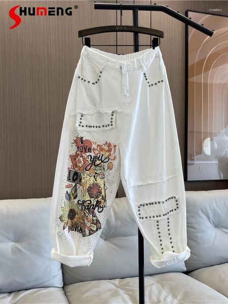 Jeans femminile di strass alla moda donna bianca 2024 primavera elastica elastica pantaloni harem dipinti dipinto dipinto femmina femmina