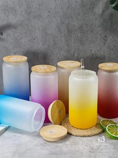 Wasserflaschen thermischer Sublimationglasbecher mit Bambusdeckel Deckel Gradient Frosted Multi Specification Cola Mason für