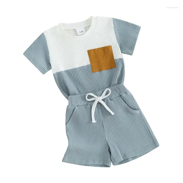 Roupas conjuntos de roupas para crianças roupas de verão contraste colorido com nervuras de manga curta de manga curta e shorts elásticos de cintura 2pcs Conjunto de roupas