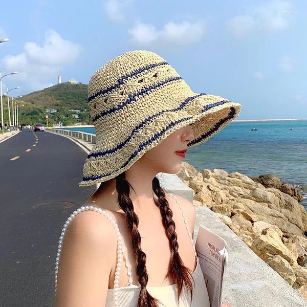 Boinas foux balde palha solar chapéus de verão Mulheres larga brimh malha respirável corda ajustável colorido bloco escudo face viseira elegante 2024
