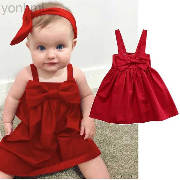 Kız Elbiseleri 0-36 aylık kız bebek kolsuz askı elbisesi sevimli yay askısız sırtsız prenses elbise bebek kızlar için katı kırmızı yazlık elbise D240419