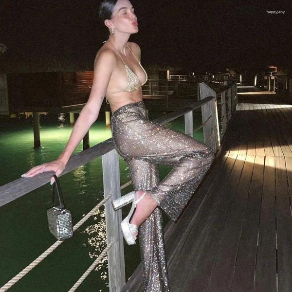 Calças femininas Sexy Loose See através de calças esvaziadas na grade de peixas de diamante brilhante cintura elástica Festival de Música Cover