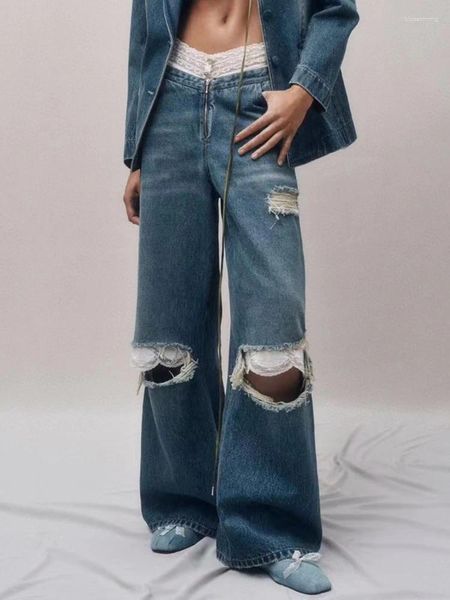 Jeans design femminile a colori retrò in pizzo ad alta vita alta 2024 lussuosa gamba dritta estiva tutti abbinano pantaloni larghi