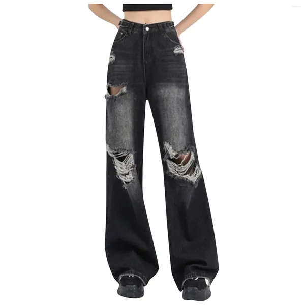 Jeans femminile estate di moda high street nero dritto buco rotta peplo sciolta trascinando pantaloni a gamba larga