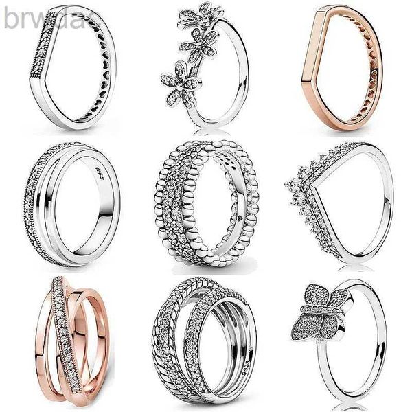 Solitaire Ring Orijinal Boncuklu Üçlü Band Prenses Kemik İmza Halkaları Kristal Ring 925 STERLING Gümüş Yüzük Avrupa Takıları D240419