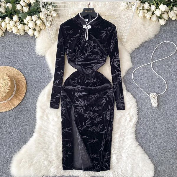 Sıradan Elbiseler Cheongsam Vintage Elbise Çin Düğümü Düğmesi Velvet Bodycon Uzun Kollu Çiçek Baskı İnci Vrstido Drop