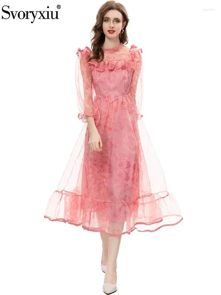 Lässige Kleider svoryxiu Modedesigner Herbstparty Pink Elegant A-Line Kleid Frauen Standkragen Flounger Nettogarndruck Midi