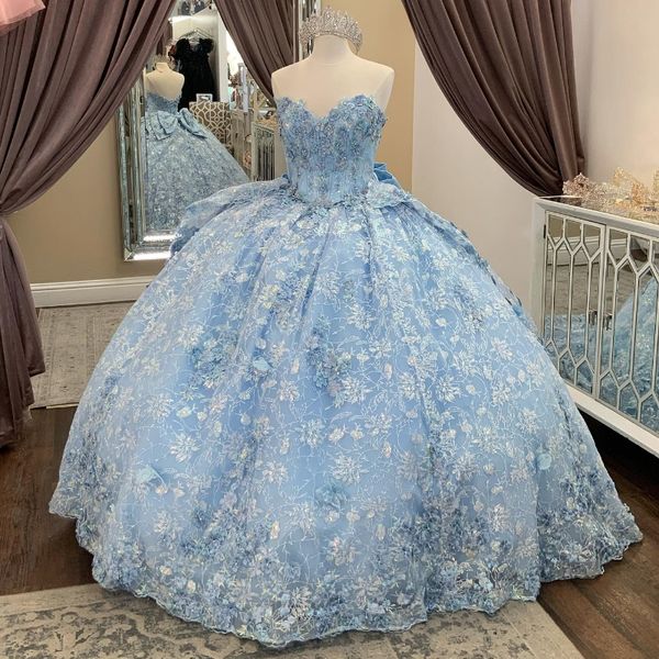 Небо голубое от плеча платье Quinceanera 2024 Апплфинации для шружевного бисера