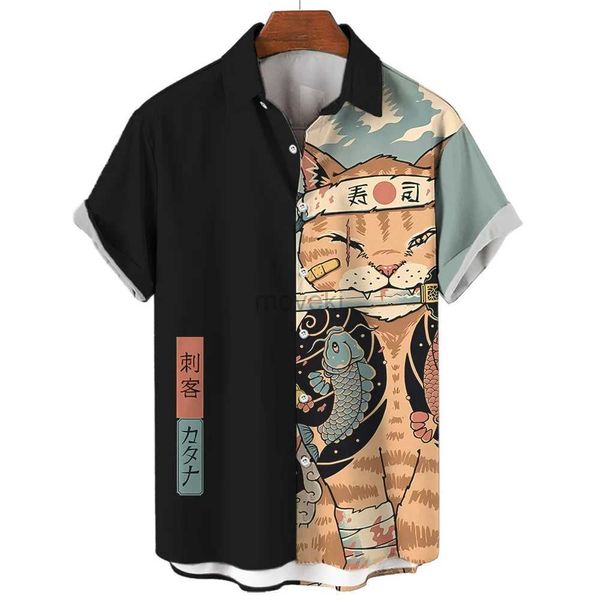 Ethnische Kleidung Fashion Herrenhemd Cool Samurai Cat Tops Sommer Neue Herren Kleidung lässig kurzärmelige Knöpfe lose Bluse Hawaiian Shirts D240419