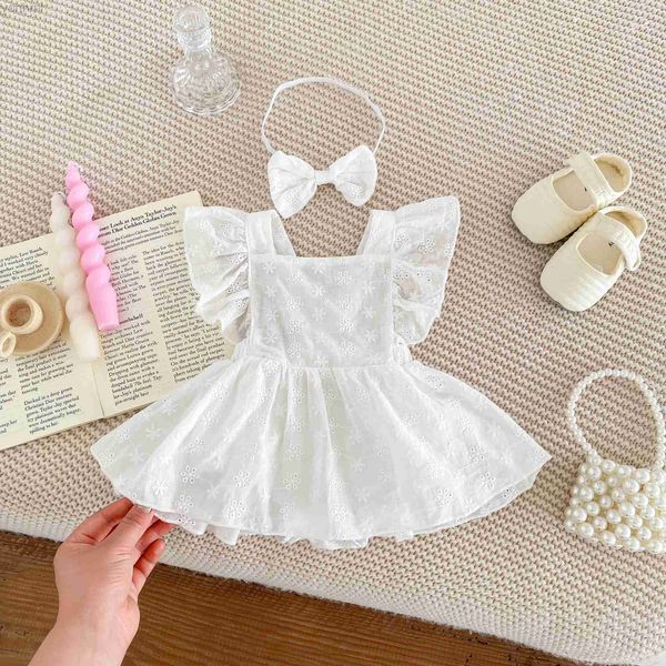 Mädchenkleider Neugeborenes Baby Mädchen Prinzessin Jumpall süße Spitzen Ärmel Kleid Overall Set + Bogen Haarnadel Baby Mädchen schöne 2pcs D240423