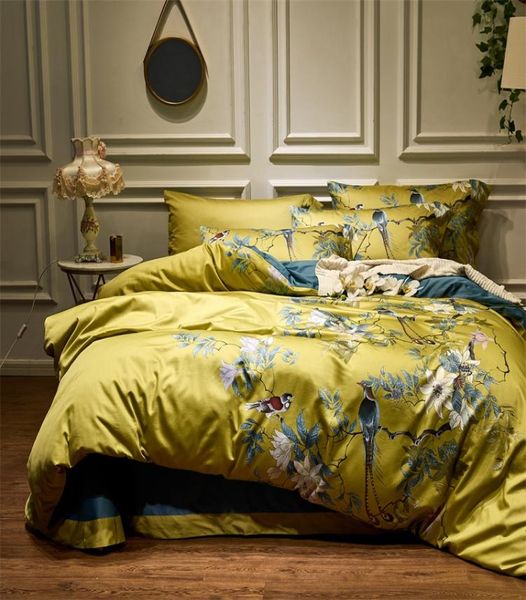 Silky Egyptian Cotton Yellow Chinese Style Birds Flowers Duvet Capa Campa de lençol equipado Conjunto de cama king size size de cama de cama3014535
