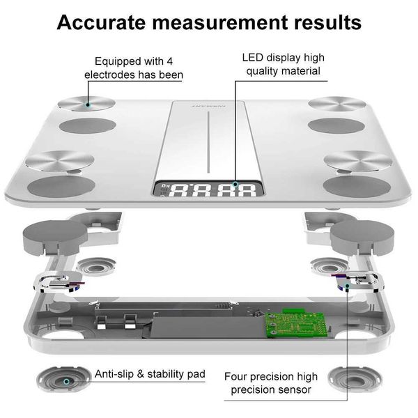 1kl5 Peso del peso corporeo Insmart Scala del bagno Scala del peso corporeo Bilancia del peso BMI BIGLIO BULETOOTH Bluetooth Scala del peso Bluetooth per la scala del corpo intelligente umano 240419