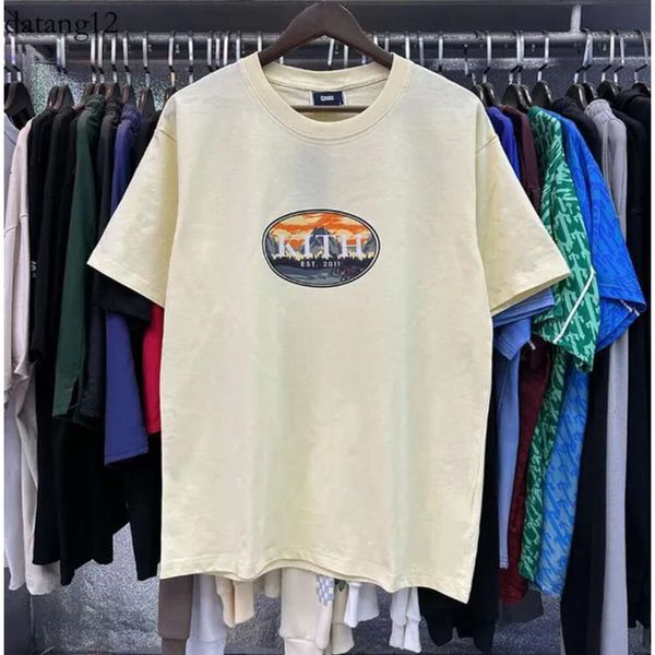 Tasarımcı T Shirt Mens Kith Tişörtlü Mektup Baskılı Mavi Gökyüzü Bulutu Eğlence Orman Baskı Yüksek Kaliteli Pamuklu Harajuku Büyük Boy Kısa SL 9615