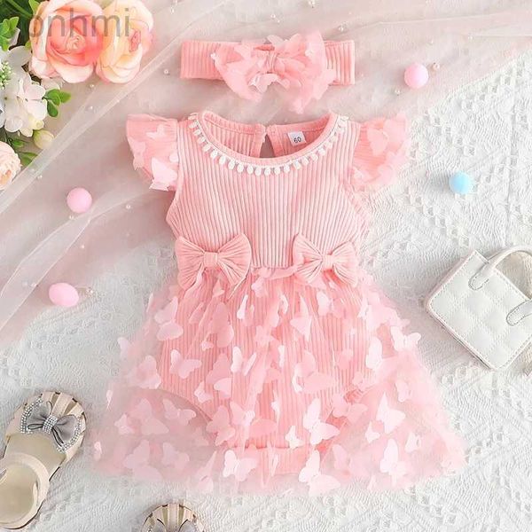 Mädchenkleider Kleid für Kinder 0-18 Monate alter Geburtstag Pink Schmetterling Ärmel Tüll Prinzessin formelle Kleider Ootd für Neugeborenes Mädchen D240423