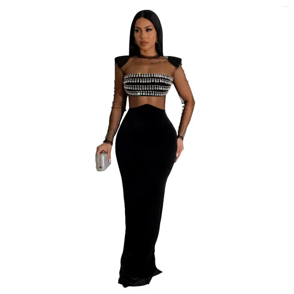 Abiti casual Crystal Diamonds Sheer Mesh Patchwork BodyCon Maxi Evening Party Domande Sexy Worth Full Back Slip Clubwear Long Aush