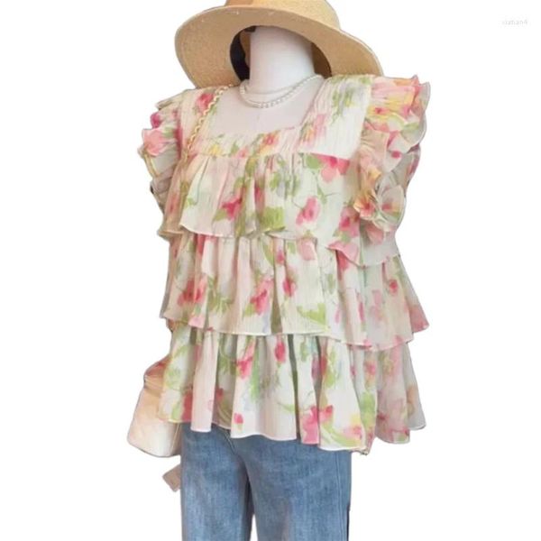 Camicette da donna estate da ragazza chiffon quadrate collare vendono maniche volanti dolci a tre strati trambusto temperamento stile vacanza