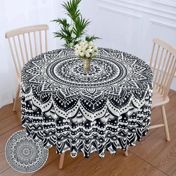 Toalha de mesa Toca de mesa redonda de 160cm Mandala preto de poliéster branco tampas circulares para jantar/mesa/casamento