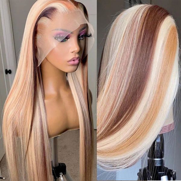 Perücken malaysische HD Spitze Vorderperücken menschliches Haar Highlight Blonde gerade 13x4 Spitzenfront Perücke Glueless rot/schwarz/braun/rosa vorgeleitet f f