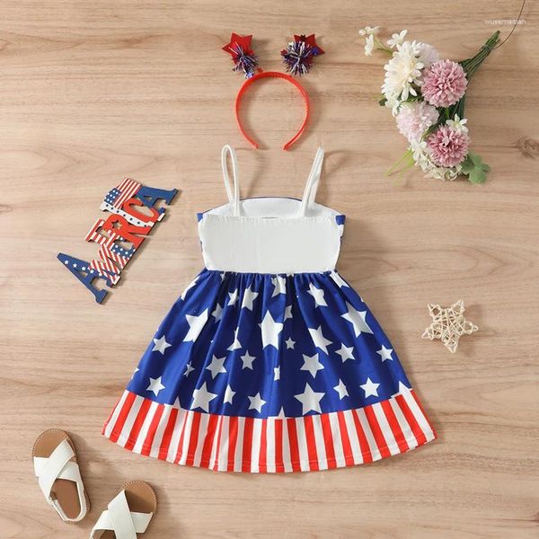 Vestidos de garotas Little 4 de julho Cami Dress Stripe Star Print mangas A-line casual com arco de cabelo