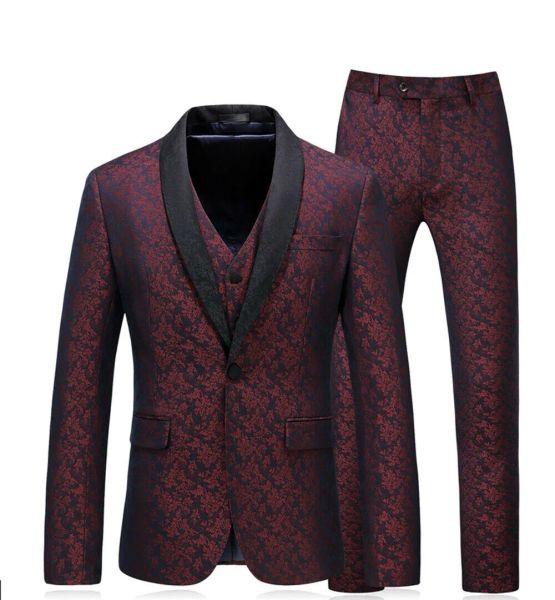 Tuxedos Wine Red Jacquard Mens Suits Casamento Partido do Groom Adjunto de 3 Peças Tuxedos Slim Tuxedos Custom Amade