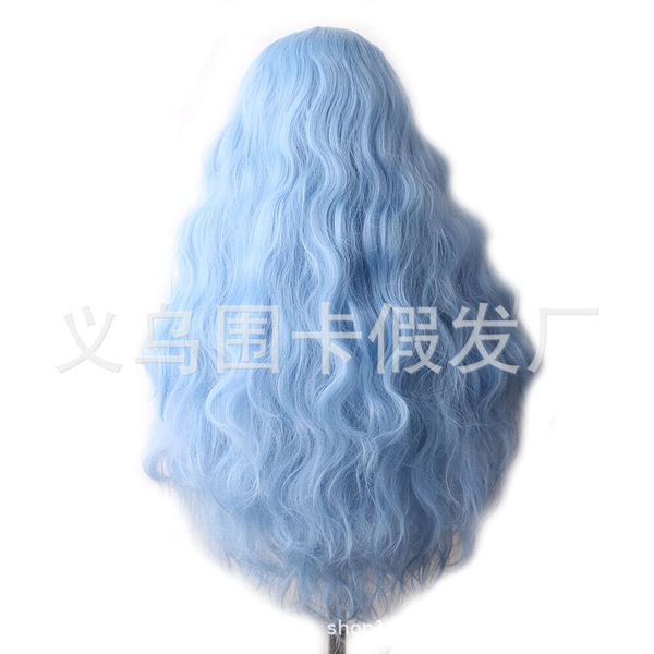 insan kıvırcık peruklar yüksek sıcaklık ipek sentetik lif peruk başlık kapağı kadın bölünmüş mısır bıyık peruk kapağı açık mavi yün kıvırcık uzun