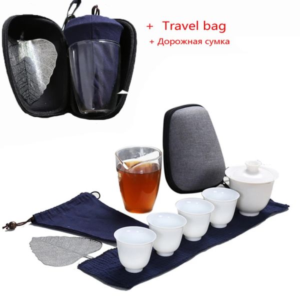 Taschen Porzellan Service Gaiwan Tee Tassen Tasse Tee -Zeremonie Teekanne, chinesische tragbare Kung Fu -Reise -Tee -Set, Keramik -Teetasse mit Tasche