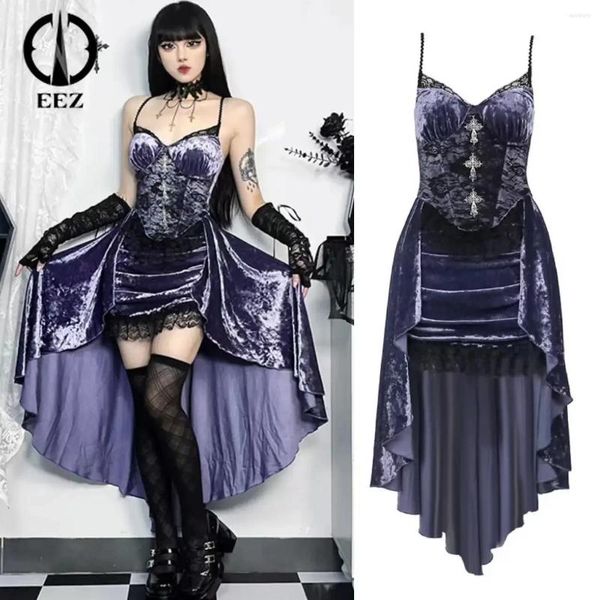 Lässige Kleider Vintage lila Samt Spitze Patchwork Eine Linie Kleid Frauen sexy Kruzifix Anhänger Spaghetti Armband Korsett Partywege Goth Lolita