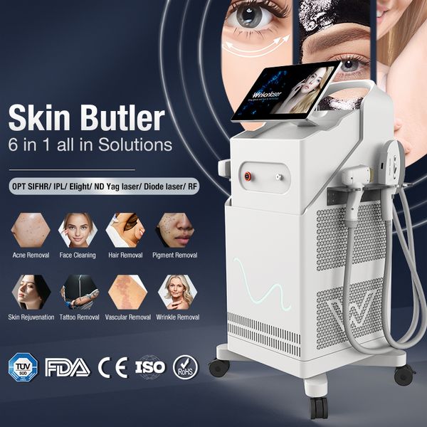 Vendita calda 6 in 1 nd yag laser tatuaggio di rimozione di rimozione laser rimozione rf facciata di bellezza attrezzatura di bellezza opt rf ipl