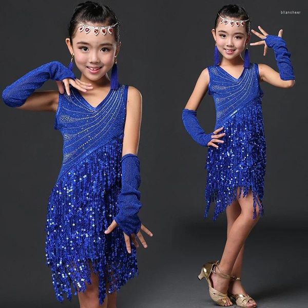 Bühne Wear Girls Kinder Salsa Performance Kleider Regenbogen Pailletten Fringe Latin Tanzkleid zum Verkauf Ballsaal Standard Standard