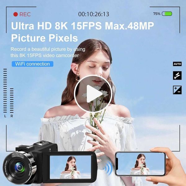 8K Camera 48MP Vlogging Camera для YouTube с 18-кратным цифровым масштабированием, 3-дюймовым сенсорным экраном, внешним микрофоном, пультом дистанционного управления, 32 ГБ SD-карты, 2 батареи