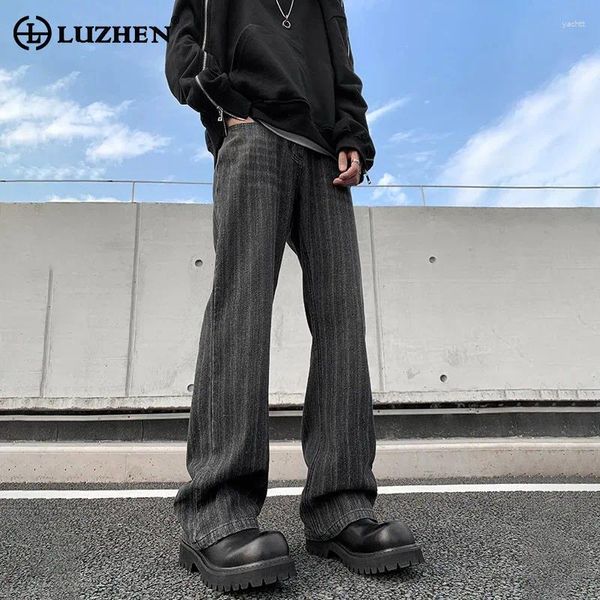Jeans masculinos Luzhen 2024 Trendy Elegant American Style Denim Pants Men High Street Jacquard Slim Fit Original Stripe Casual Lz2784