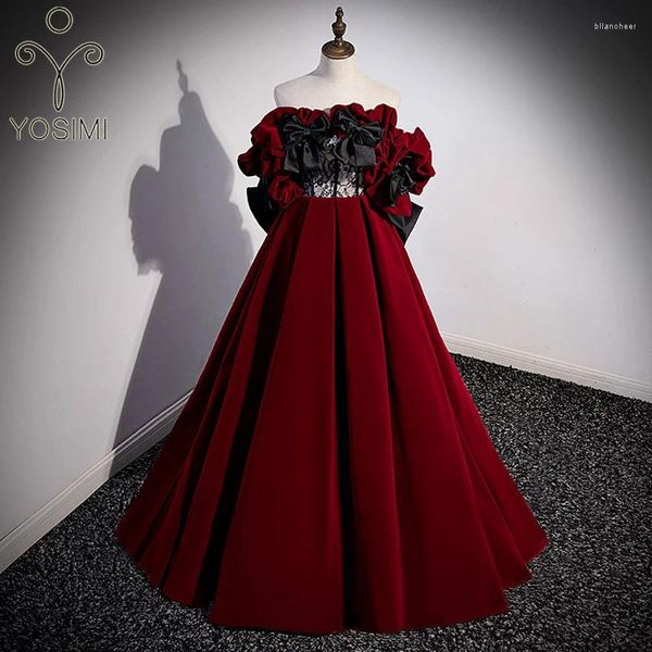Partykleider Yosisimi-Women Rotwein Samt Vollkleid elegante schwarze Bogen Kurzarm Slash Neck Abend Herbst Winter 2024