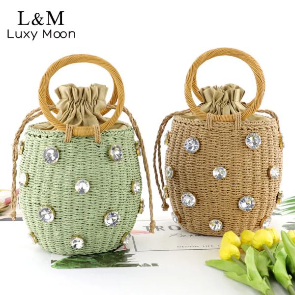 Pulseiras 2021 Round Rattan Beach Bag de praia Handmade Rhinestone Crystal Straw Bag Small Straw Bucket Sacos Lady Travel Bolsa