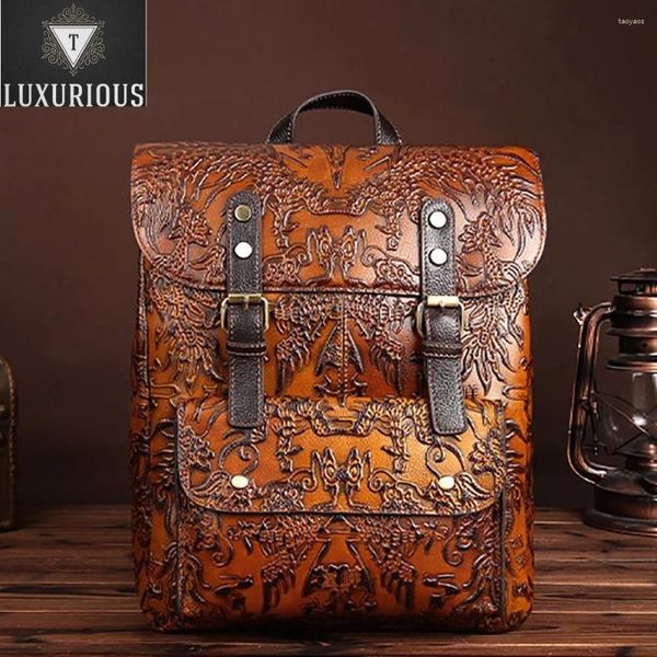 Okul Çantaları 2024 Kabartmalı Sırt Çantası Orijinal Deri Kadın Rucksack Vintage Trend Shool Satchel Dizüstü Çantası Daypack Seyahat Sırlarını