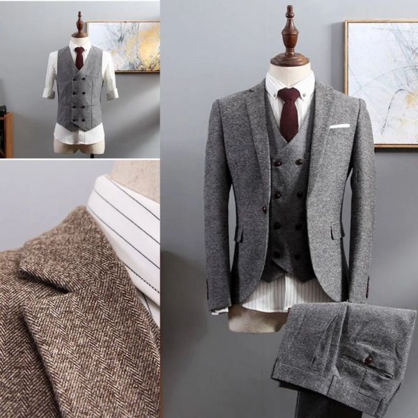 Smokingos 2019 lana slim fit sposo smoking abitudini per matrimoni a spina di pesce groomsmen bestman bestman prima (giacca+pantaloni+gilet) Immagine reale Plus