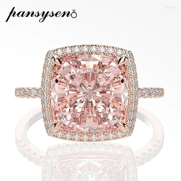 Кластерные кольца Pansysen 10 мм квадрат Morganite Gemstone для женщин Сплошное 925 серебряное серебряное коктейльное кольцо свадьба