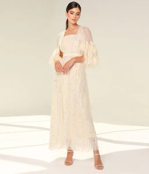 Partykleider Linyang hellgelb Luxus gegen Hals -Prom -Kleid Kristall Perlen gerade Kaftan Federn eleganter Abend für Frauen