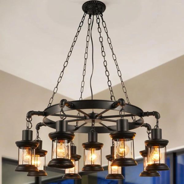 Luci a soffitto da 28 pollici American Vintage Black 9 Bulbo Dining Room lampadario Arte Iron Arte Industriale Decorazione di soggiorno rettangolare Chande