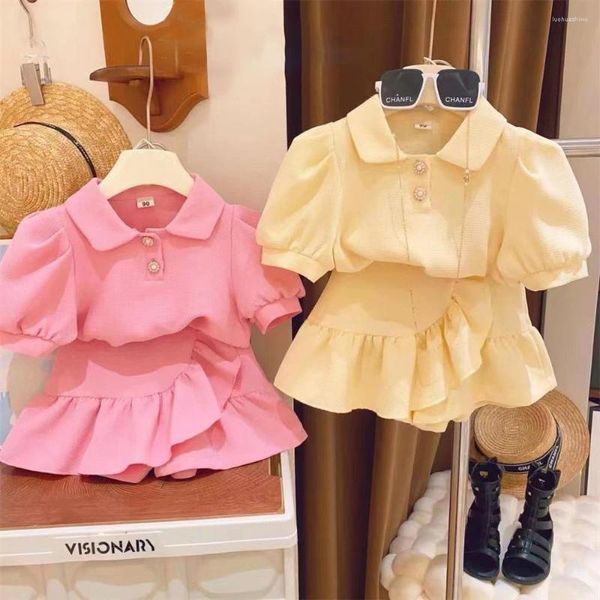 Giyim setleri Bebek kızının set şık puf kolu yaka kısa tişört üst a-line yarım etek pantolon iki parça Koreli kız yaz