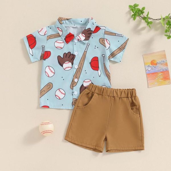 Giyim setleri bebek bebek erkek 2pcs beyefendi beyzbol baskı kıyafetleri takım elbise moda kısa kollu düğme gömlek şort çocuklar resmi giysiler