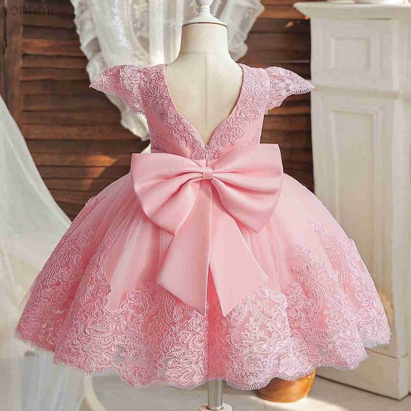 Mädchenkleider Baby -Mädchen Kleider für die 1. Geburtstagsfeier Backless Stickerei Elegant Big Bow Hochzeit Tutu Gown Girls Pink Formale Gala Kostüm D240423