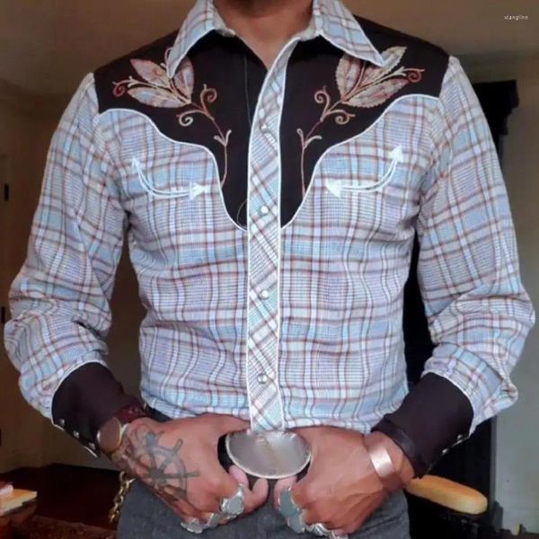 Herren lässige Hemden Männer Langarmes Hemd Vintage Western Cowboy Print Slim Fit Long Sleeve mit Turnhalterknöpfen für den Frühling