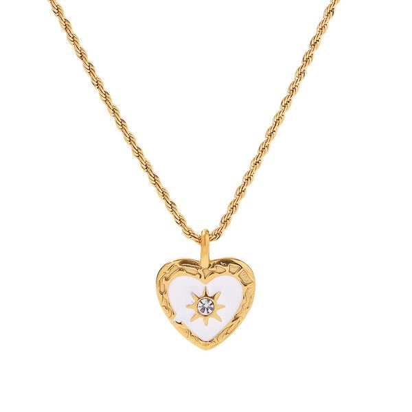 Collar con colgante de circonita en forma de corazón con diseño vintage de masa frita y retorcimientos de acero inoxidable dorado para mujer_voghion.com