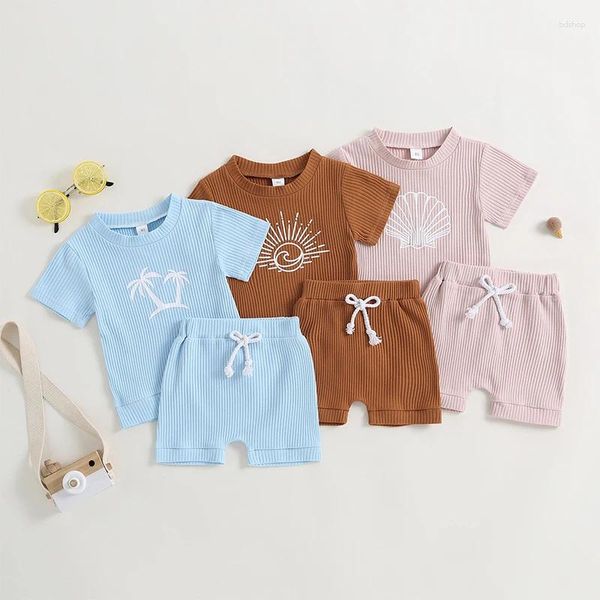 Set di abbigliamento a coste per bambini outfit estivi stampata stampa a manica corta top a manica corta pantaloncini in vita elastico 2 pezzi abiti da bambino per bambini