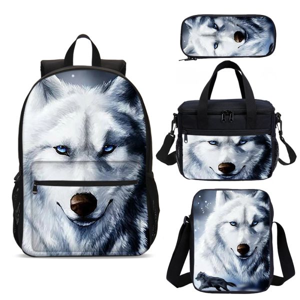 Bags Padrão de lobo branco 3D Escola de impressão Backpack Conjunto 4 PCS Lunch Saco Messenger Bag Bag Primary Cartoon School Saco Set Custom