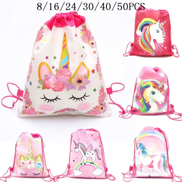 Bolsas 8/16/24/50pcs Unicorn Drawstring Bag para garotas Pacote de armazenamento de viagens Escola Mochilas infantil Favorias Favorias de crânio bolsas de crânio